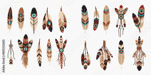 Set of decorative boho feathers with tribal ornaments, isolated vector illustrations on transparent background.