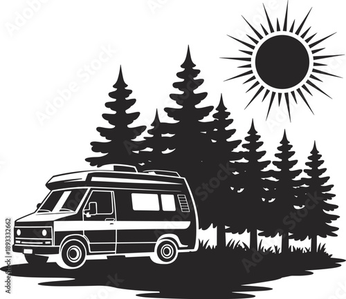 Camper, van, in, forest, silhouette, camping, travel, adventure, nature, road, trip, outdoor, vacation, tourism, landscape, sun, trees, exploration, illustration, freedom