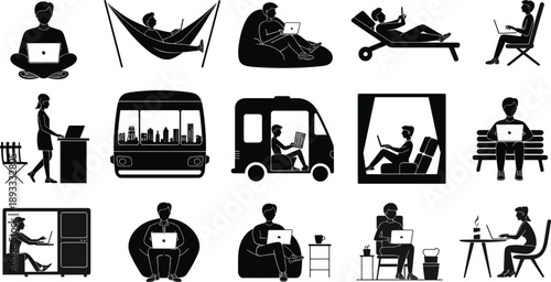 Digital nomad silhouettes, remote workers using laptops, flexible workspace scenes, travel office lifestyle, freelance productivity, modern work anywhere illustration set