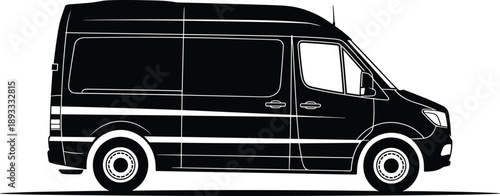 Cargo van silhouette, commercial delivery vehicle, transport service, logistics transportation, black vector illustration, modern minibus, business shipping, urban mobility, side view