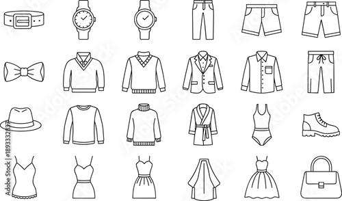 Line Art Vector Illustration of Men and Women Fashion Icons Including Clothing Accessories Suits Dresses Watches and Casual Apparel for Shopping