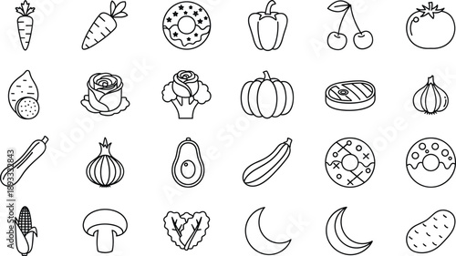 Line Art Vector Illustration of Fresh Vegetables and Healthy Food Icons Including Carrots Broccoli Pumpkins Avocado and Organic Produce for Nutrition