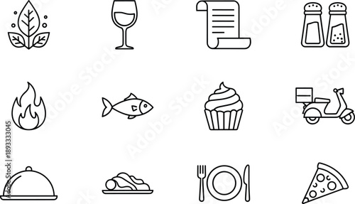 Restaurant and Food Delivery Line Icon Set Featuring Menu Wine Glass Pizza Fish Cupcake Service Bell Delivery Scooter and Spices