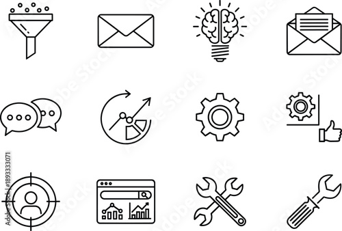 Business Marketing and Strategic Management Line Icon Set Featuring Analytics Funnels Email Communication Creative Ideas Cogwheels Target Audience and Tools