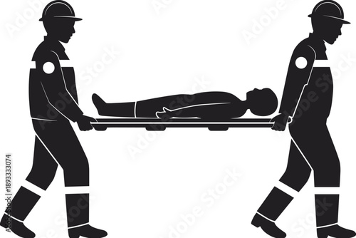 Emergency, rescue, team, carrying, patient, on, stretcher, paramedic, silhouette, medical, evacuation, disaster, response, ambulance, healthcare, safety, first, aid, illustration, concept