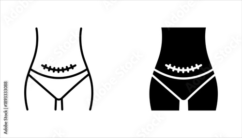 cesarean section icon set with scar, vector illustration on white background