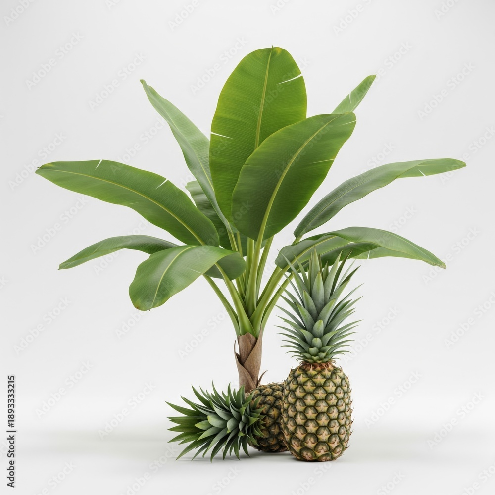 Fototapeta premium Two Pineapples and a Banana Plant on a White Background