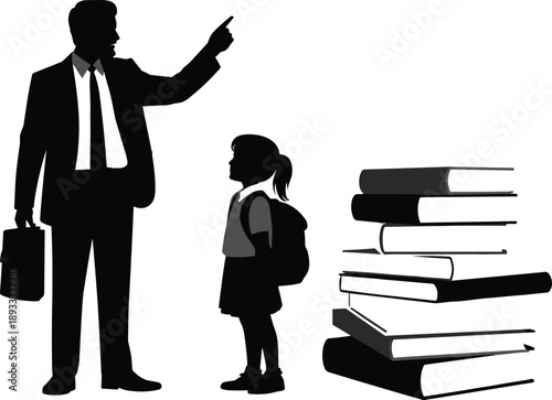 Father guiding schoolgirl, education mentorship concept, parent teacher authority, book stack, learning support, black silhouette vector illustration for schooling design