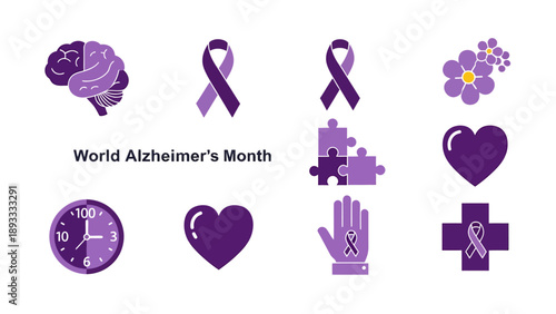 A graphic display featuring various purple icons related to World Alzheimers Month