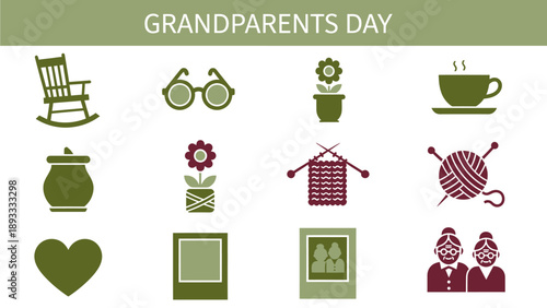 A graphic display of icons related to grandparents including a rocking chair glasses flowers and knitting supplies