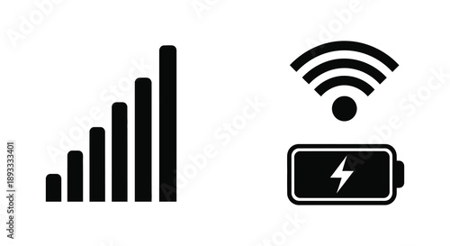 A minimalist black and white graphic depicts cellular signal strength wifi connectivity and battery level indicators high quality