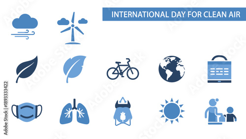 Blue icon set for International Day for Clean Air above white background
