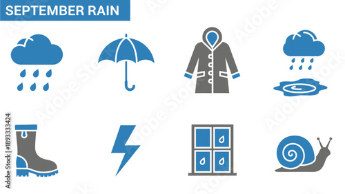 Eight blue and gray icons related to rain including weather clothing and wildlife