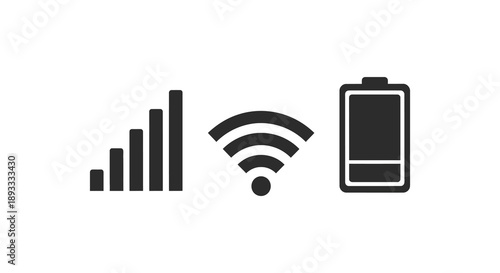 A simple black and white illustration displays icons for signal strength wifi and battery level high quality professional detailed modern