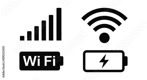 A simple black and white graphic depicts wifi signal strength a wireless symbol battery levels and power high quality professional