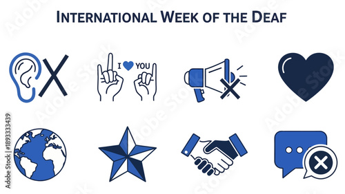Eight blue and white icons related to International Week of the Deaf