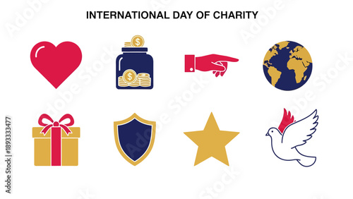 Eight icons representing charity including heart money jar pointing hand globe gift shield star and dove