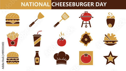 National Cheeseburger Day graphic with icons of food and cooking tools