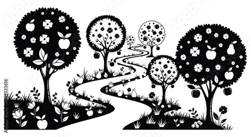 A whimsical black and white illustration depicts a winding path through stylized fruit trees and foliage high quality professional detailed