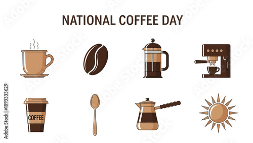 National Coffee Day graphic with eight brown icons including cups beans and brewers