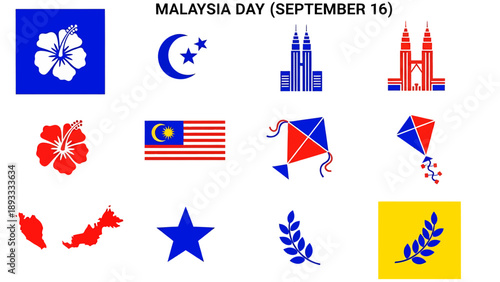 Malaysia Day icons array flowers flag landmarks stars kites maps and leaves