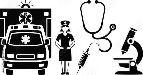 Medical emergency healthcare icons, ambulance, nurse, stethoscope, syringe, microscope, hospital, service, silhouette, set, for, clinical, diagnosis, treatment, rescue, and, care