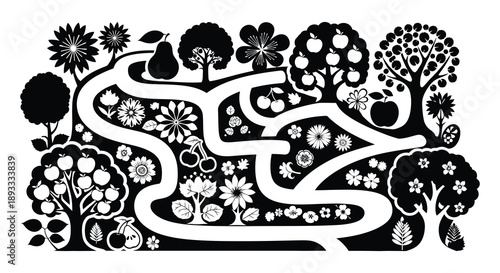 A whimsical black and white illustration depicts a meandering path through stylized trees flowers and fruit high quality