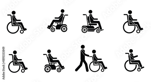 Diverse depictions of individuals utilizing mobility aids including wheelchairs and scooters in simple black silhouettes high quality professional