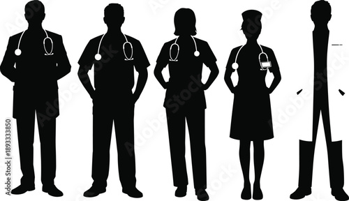 
Medical team silhouette, doctors and nurses with stethoscopes, healthcare professionals group, hospital staff unity, black vector illustration design
   