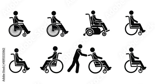 A collection of black silhouette icons depicting individuals using wheelchairs and assistive devices for mobility high quality professional