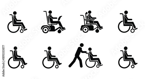 A collection of minimalist black and white icons depicting people in wheelchairs and with mobility aids high quality