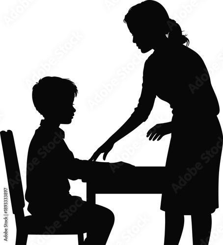 Mother helping child study, home tutoring concept, parent teaching kid, education support, family learning, black silhouette vector illustration design