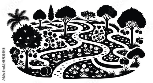A stylized black and white illustration depicts a winding path through a lush abstract garden landscape high quality professional detailed