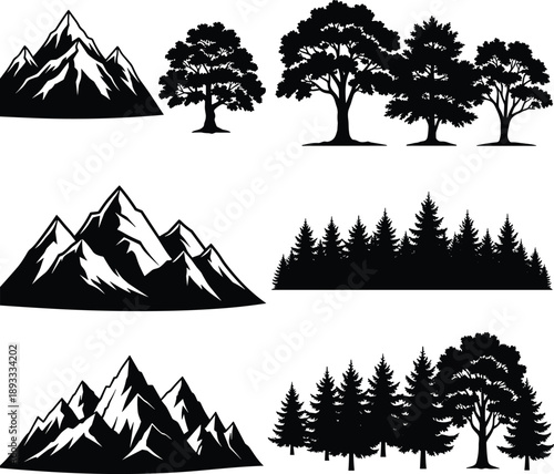 Black vector silhouette set of mountain ranges deciduous trees and evergreen pine forests for outdoor adventure travel nature exploration and wilderness landscape design