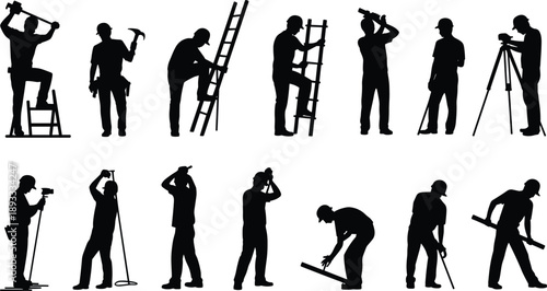 Construction worker silhouettes set, builders and surveyors using ladders tools tripod equipment, industrial job site, black vector illustration collection isolated