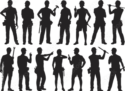 Construction worker silhouettes set, multiple labor poses, professional tradespeople with tools, black figures, industrial workforce illustration isolated