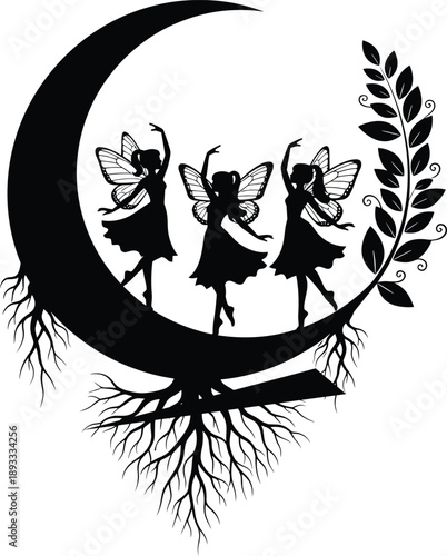 Black vector silhouette of three winged fairies dancing on a crescent moon with roots and a leafy branch for fantasy mythology and magic design
