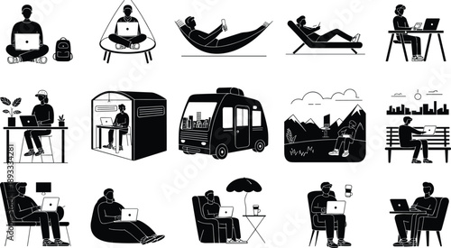 Remote work lifestyle silhouettes, digital nomad working with laptop, coworking spaces, outdoor office, travel, productivity, modern freelance workspace set, illustration