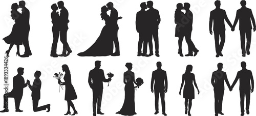 Romantic couple silhouettes, wedding and proposal poses, love and engagement moments, black vector people set, isolated on white background illustration