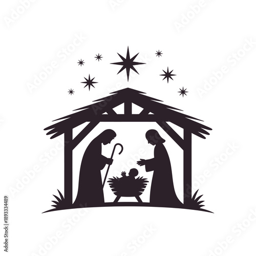 Nativity scene silhouette depicting mary joseph and baby jesus in a stable