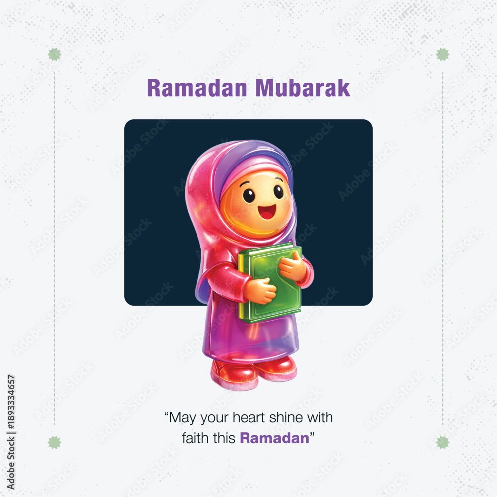 Fototapeta premium Ramadan Mubarak smiling girl in hijab holding book colorful character illustration