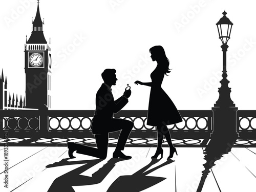 Romantic London proposal silhouette, couple engagement scene, Big Ben landmark, love story moment, black vector illustration, isolated white background design