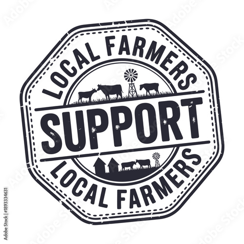 Support local farmers A vintage style badge with agricultural imagery