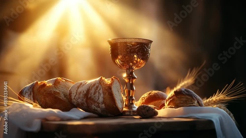 Religious symbols still life with bread and chalice under dramatic lighting