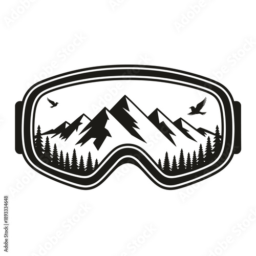 Ski goggles reflecting a mountain landscape with trees and birds