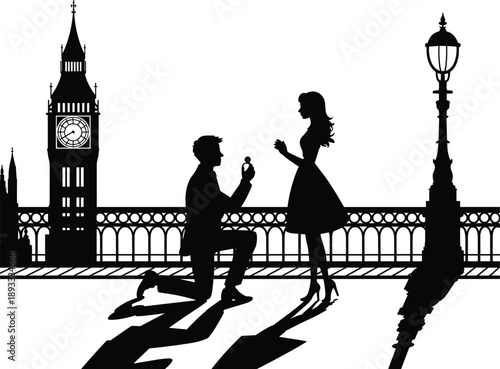 Romantic proposal silhouette, couple engagement scene, London landmark Big Ben background, love story moment, black vector illustration, isolated white backdrop