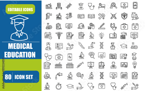 MEDICAL EDUCATION ICON SET, CONTAINING MEDICINE, COLLEGE, STUDENT, LEARNING, BOOK, AND MORE, EDITABLE STROKE, VECTOR ILLUSTRATION, 
