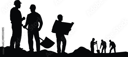 Construction worker silhouettes supervising and digging on site, teamwork labor with shovel and plans, industrial infrastructure illustration isolated black figures