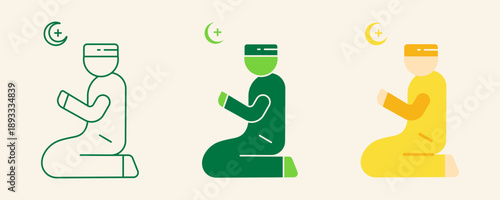 Islamic Prayer Icon Set with Editable Stroke in Outline, Flat and Dual Tone Style Vector Illustration