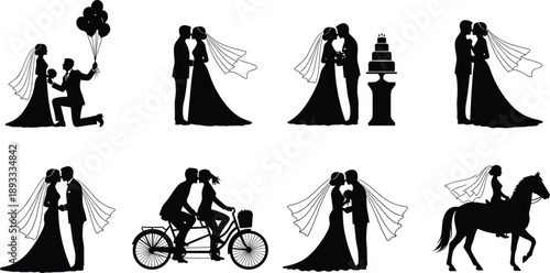 Romantic wedding silhouettes set, bride and groom love scenes, proposal celebration moments, black vector illustration collection, isolated white background design